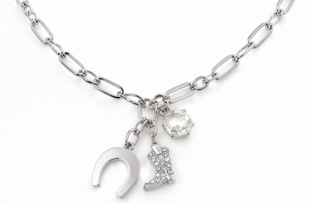 Lucky Cowgirl Western Charm Necklace – Horseshoe & Cowboy Boot