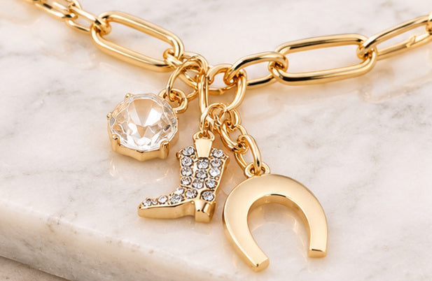Lucky Cowgirl Western Charm Necklace – Horseshoe & Cowboy Boot