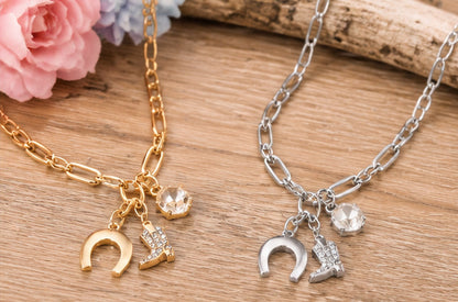 Lucky Cowgirl Western Charm Necklace – Horseshoe & Cowboy Boot