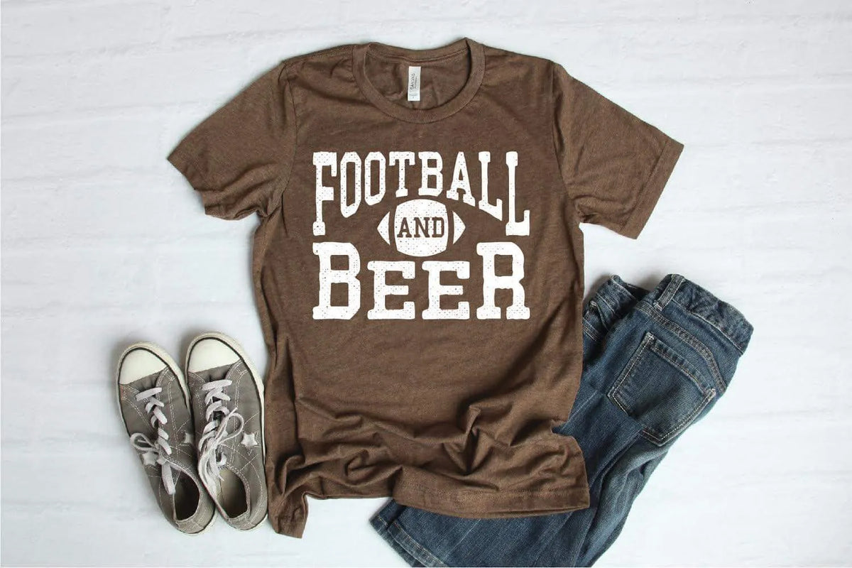 Brown unisex graphic tee with "Football and Beer" text, paired with casual jeans and sneakers.