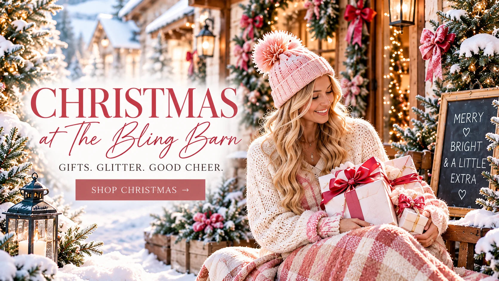 Christmas at The Bling Barn. Gifts, glitter, good cheer. Emma in a snowy Christmas village.